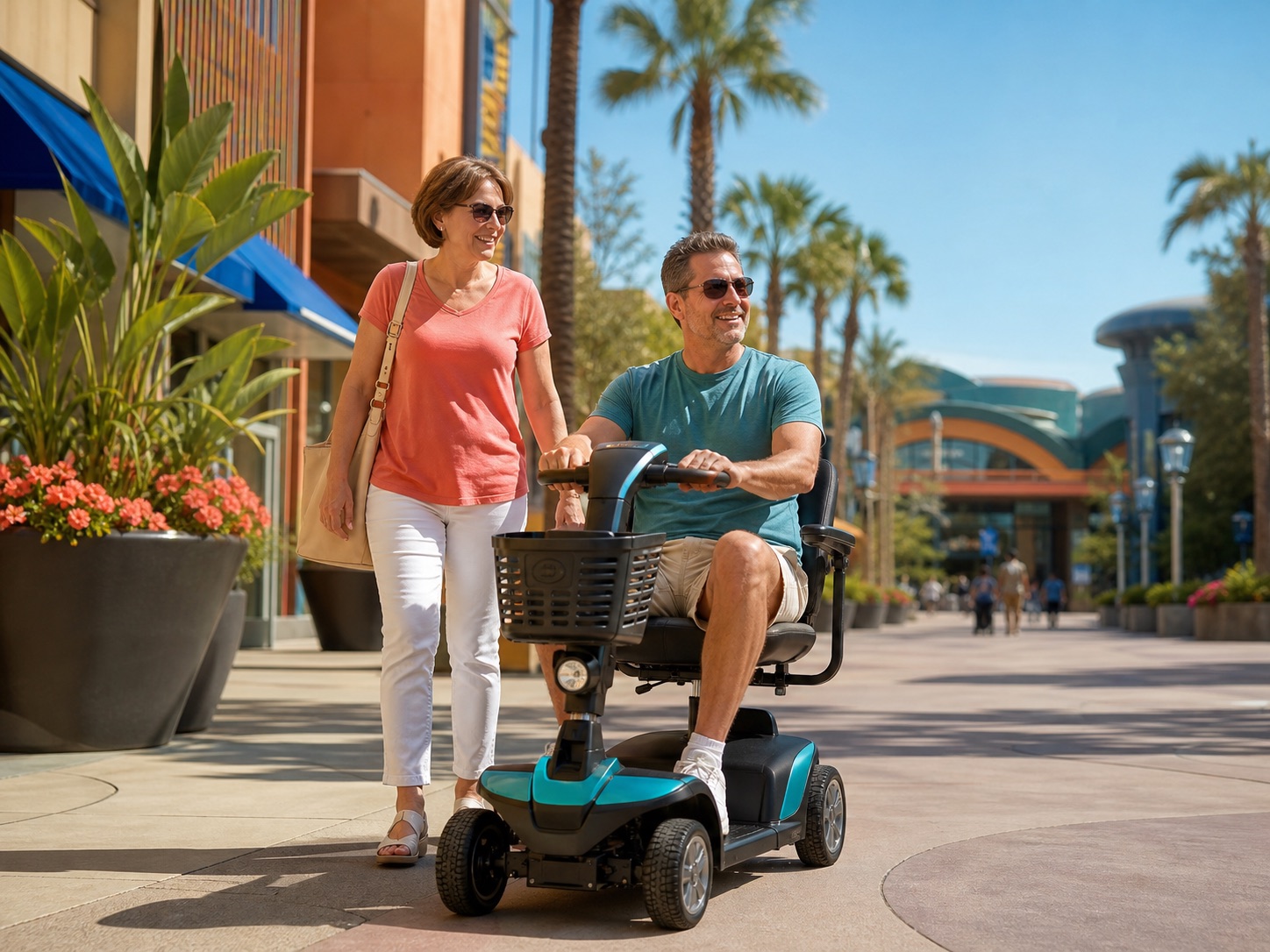 Visitor using a mobility scooter near an Anaheim resort-style pedestrian walkway