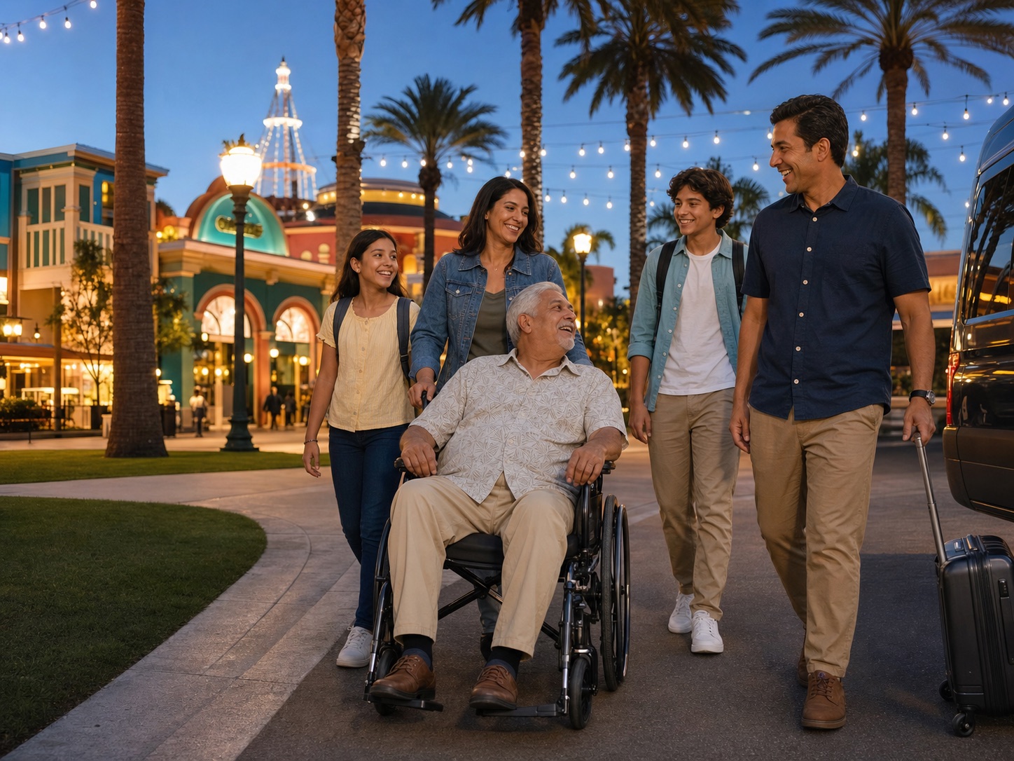 Family with a wheelchair near an Anaheim resort-style evening promenade