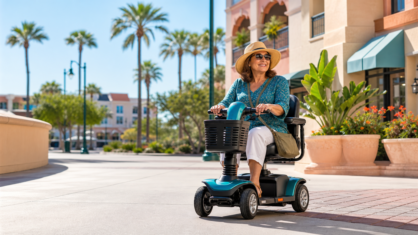Visitor riding a mobility scooter on a sunny Anaheim-area walkway